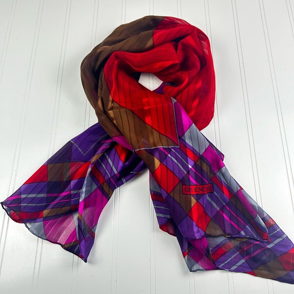 Givenchy Multi-Colored Red, Brown and Purple Silk Vintage Scarf - Picture 8 of 13